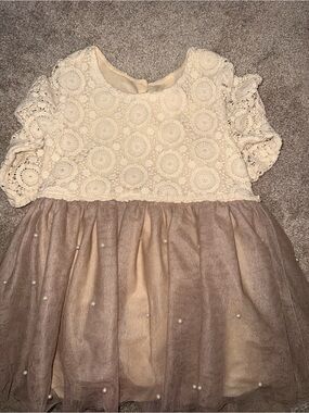 Girls Cream Lace and Taupe Tulle Party Dress